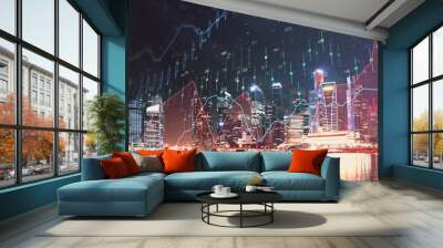 Trading graph on the cityscape at night background. Business and financial concept. Double exposure. Singapore Wall mural