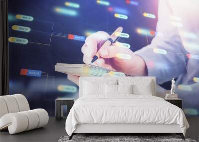 Writing human hands with tech theme multi exposure icons. Wall mural