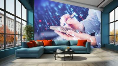 Writing human hands with tech theme multi exposure icons. Wall mural