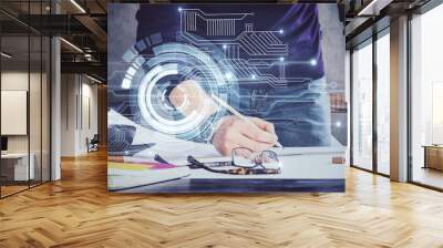 Writing Man hands with data theme multi exposure icons. Wall mural