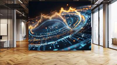 This abstract digital data visualization features glowing elements and flowing lines, perfect for representing analytics, technology, or creativity in a modern design. Wall mural