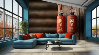 Two traditional red lanterns hang against a wooden wall, embodying Chinese culture and craftsmanship, perfect for festive and decorative themes. Wall mural