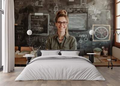 Confident teacher stands in front of chalkboard filled with math and language notes. Happy educator poses with glasses and green shirt, showcasing educational setting or creative workspace. Wall mural