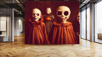 1900 vintage close up photography of five children with creepy masks and red and black Halloween costumes Wall mural