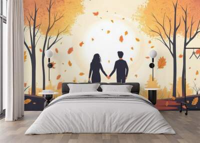 A couple holding hands, walking hand in hand through an autumn forest with falling leaves. Vector illustration of love and romance Wall mural