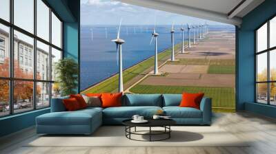 Aerial view of wind turbines at sea, North Holland, Netherlands Wall mural