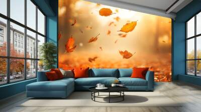 Autumn background with copy space of beautiful autumn leaves falling in a blurred forest at sunset, during the golden hour. Autumn nature background for design and texture Wall mural