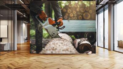 Chainsaw. Close-up of woodcutter sawing chain saw in motion, sawdust fly to sides. Chainsaw in motion. Hard wood working in forest. Sawdust fly around. Firewood processing. Wall mural