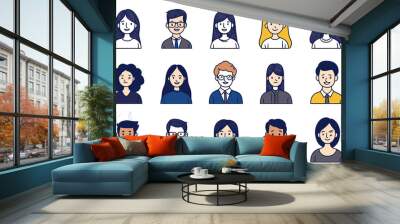 Character Avatar Illustrations Featuring Office Workers, With Various Skin Tones and Hair Colors. Isolated on a Transparent Background. Cutout PNG. Wall mural