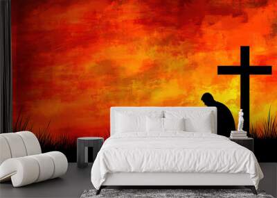 Christian Faith Banner Featuring a Man’s Silhouette Kneeling Before a Cross at Sunset with Ample Copy Space Wall mural