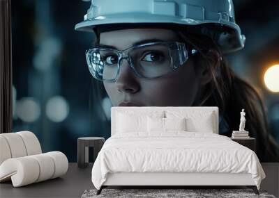 Editorial eye-level shot of an industrial woman in glasses and a white hard hat, looking at the camera while working in an industrial building. Realistic, cinematic style with accent lighting. Wall mural