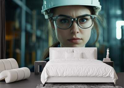 Editorial eye-level shot of an industrial woman in glasses and a white hard hat, looking at the camera while working in an industrial building. Realistic, cinematic style with accent lighting. Wall mural