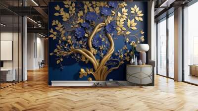 Elegant gold and royal blue floral tree with seamless leaves and flowers hanging branches illustration background. 3D abstraction wallpaper for interior mural painting wall art decor with AI Wall mural