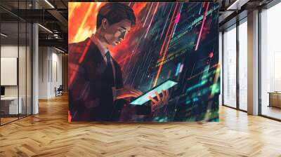 Energetic businessman utilizing AI-driven ta Wall mural