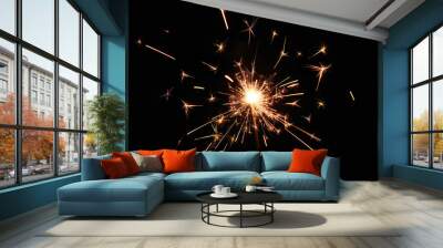 Fire spark xmas with black background. Magic glowing flow of sparks in the dark. Sparkler Wall mural