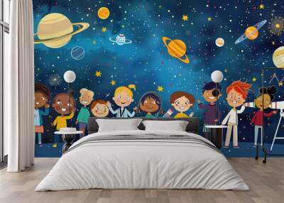 Friendly cartoon astronomers celebrating Astronomy Day under a starry night sky with telescopes and planet models, enjoying laughter and camaraderie in a fun group gathering. Wall mural