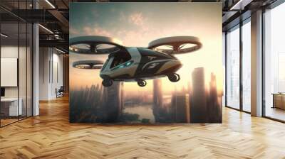 Future of urban air mobility, city air taxi, UAM urban air mobility, Public aerial transportation, Passenger Autonomous Aerial Vehicle AAV in futuristic city, Generative AI
 Wall mural