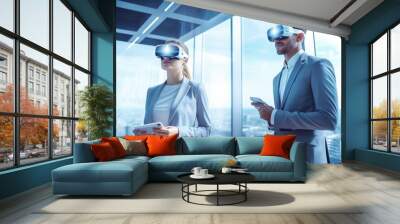 Futuristic vision of using VR AR immersive technology in business, attractive businesswoman and businessman using VR AR equipment, created with Generative AI
 Wall mural