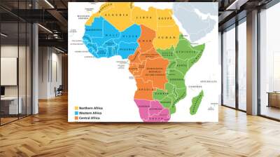 Africa regions political map with single countries. United Nations geoscheme. Northern, Western, Central, Eastern and Southern Africa in different colors. English labeling. Illustration. Vector. Wall mural