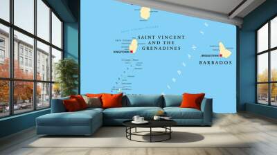 Barbados, Grenada, Saint Lucia, Saint Vincent and the Grenadines political map. Island countries in the Caribbean, part of Lesser Antilles and Windward Islands. Illustration. English labeling. Vector. Wall mural