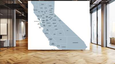 California state counties, gray political map. U.S. state of California subdivided into 58 counties, with San Bernardino County as largest and Los Angeles County as most populous in the United States. Wall mural