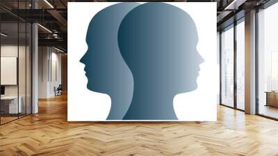 Janus face symbol made of gray silhouettes of two heads. Two overlapping heads as sign for duality, anxiety, uncertainty and other psychological problems and questions. Illustration over white. Vector Wall mural