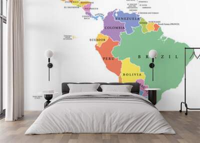 Latin America single states political map. Countries in different colors, with national borders and English country names. From Mexico to the southern tip of South America, including the Caribbean. Wall mural