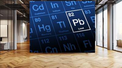 Lead on periodic table. Chemical element with symbol Pb for Latin plumbum, and with atomic number 82. Soft and malleable heavy metal with low melting point. Neurotoxin that damages the nervous system. Wall mural