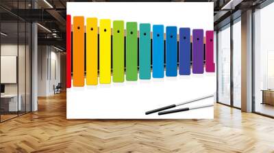 Metallophone or Glockenspiel with thirteen rainbow colored bars and two percussion mallets - top view - isolated vector illustration on white background. Wall mural