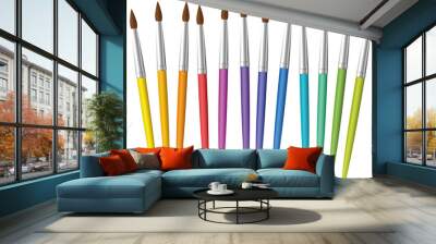 Paintbrushes loosely arranged. Set of twelve rainbow colored thin paint brushes - isolated vector illustration on white background. Wall mural