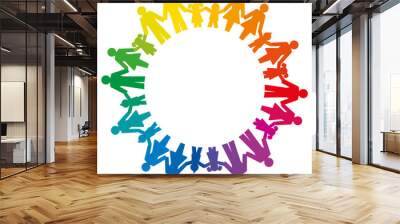 Rainbow circle formed by men, women, boys and girls holding hands. Pictograms of connected people standing in a circle to express friendship, family, relationships and society.  Illustration. Vector. Wall mural