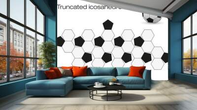 Unfolded soccer ball surface. Geometric polyhedron called truncated icosahedron, an Archimedean solid with twelve black pentagonal and twenty white hexagonal faces. Wall mural