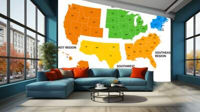 United States, geographic regions, colored political map. Five regions, according to their geographic position on the continent. Common but unofficial way of referring to regions of the United States. Wall mural