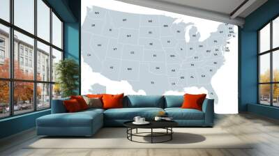 United States of America, gray political map. Fifty single states with their own geographic territories and borders, bound together in a union and federal government. Labeled with USPS abbreviations. Wall mural