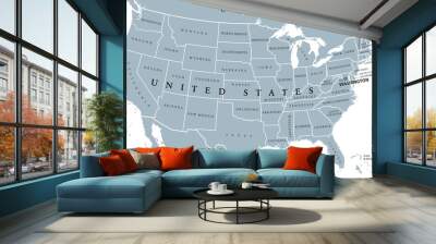 USA United States of America political map with capital Washington, single states, neighbor countries and borders except Hawaii and Alaska. Gray colored illustration with English labeling and scaling. Wall mural