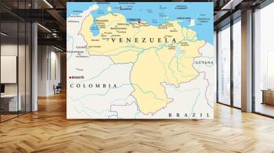 Venezuela political map with capital Caracas, with national borders, most important cities, rivers and lakes. Illustration with English labeling and scaling. Vector. Wall mural