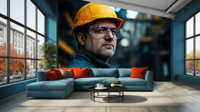 Industrial worker in mid-age wearing a yellow helmet and safety glasses in a steel plant, facing the camera with a soft-focus background, captured with Sony Alpha a7 III and macro lens to emphasize wo Wall mural