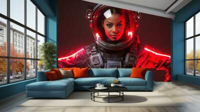 Portrait of a Black woman astronaut in a sleek space suit, highlighted by neon colors and a gradient backdrop, representing the future of space travel. Wall mural