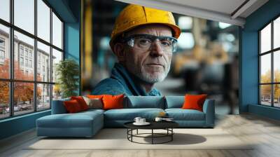 Professional middle-aged worker in a steel plant wearing safety glasses and a yellow helmet, looking directly at the camera with a blurred industrial background, captured with a Sony Alpha a7 III and  Wall mural