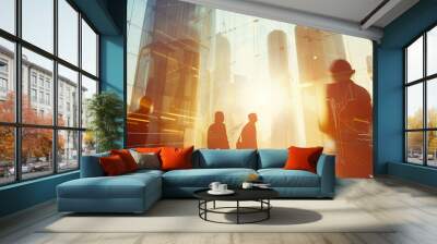 Professionals in contemporary office with cityscape backdrop, featuring double exposure and soft lighting, a visual of business unity in a city setting Wall mural