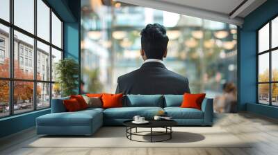 Serene office scene with an Indian man in a suit presenting to a blurred audience against a backdrop of glass wall partitions, depicting business formalities. Wall mural