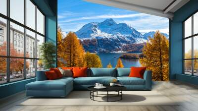 Stunning view of Sils lake and Piz da la Margna in golden autumn Wall mural