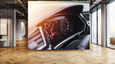 The sign and symbol on car dashboard. Car speedometer closeup. Car interior. Wall mural