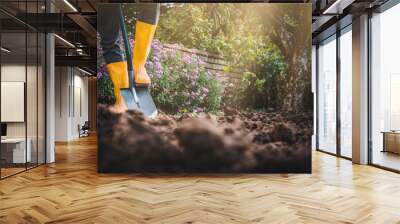 Worker digs soil with shovel in colorful garden, agriculture concept autumn detail. Mans yellow boot or shoe on spade prepare for digging. Wall mural