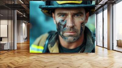 A firefighter in uniform, face covered in soot, eyes filled with determination Wall mural