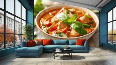 A serving of Thai red curry with chicken, bamboo shoots, and bell peppers, topped with fresh basil leaves, served in a white bowl  Wall mural