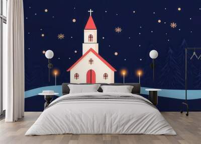 Christmas Eve church service, candlelight glowing in the night, flat design illustration Wall mural