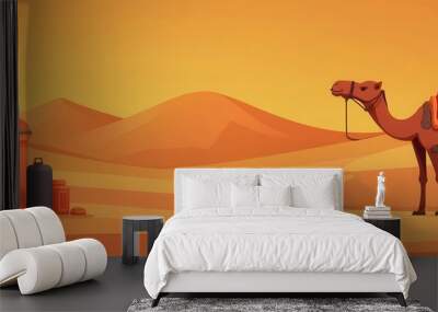 Desert travel scene with sand, camel, and essential gear, exploring exotic landscapes, flat design illustration Wall mural