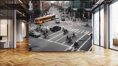 Image of a busy urban intersection, with cars, buses, and bicycles rushing past each other, and pedestrians crossing the street. Wall mural