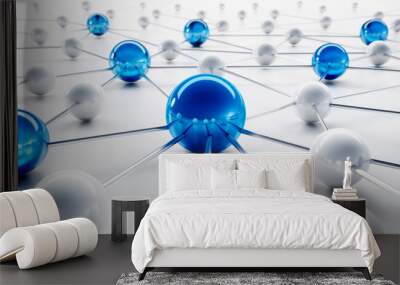 Blue and white sphere network structure - abstract design connection design - 3D illustration	 Wall mural